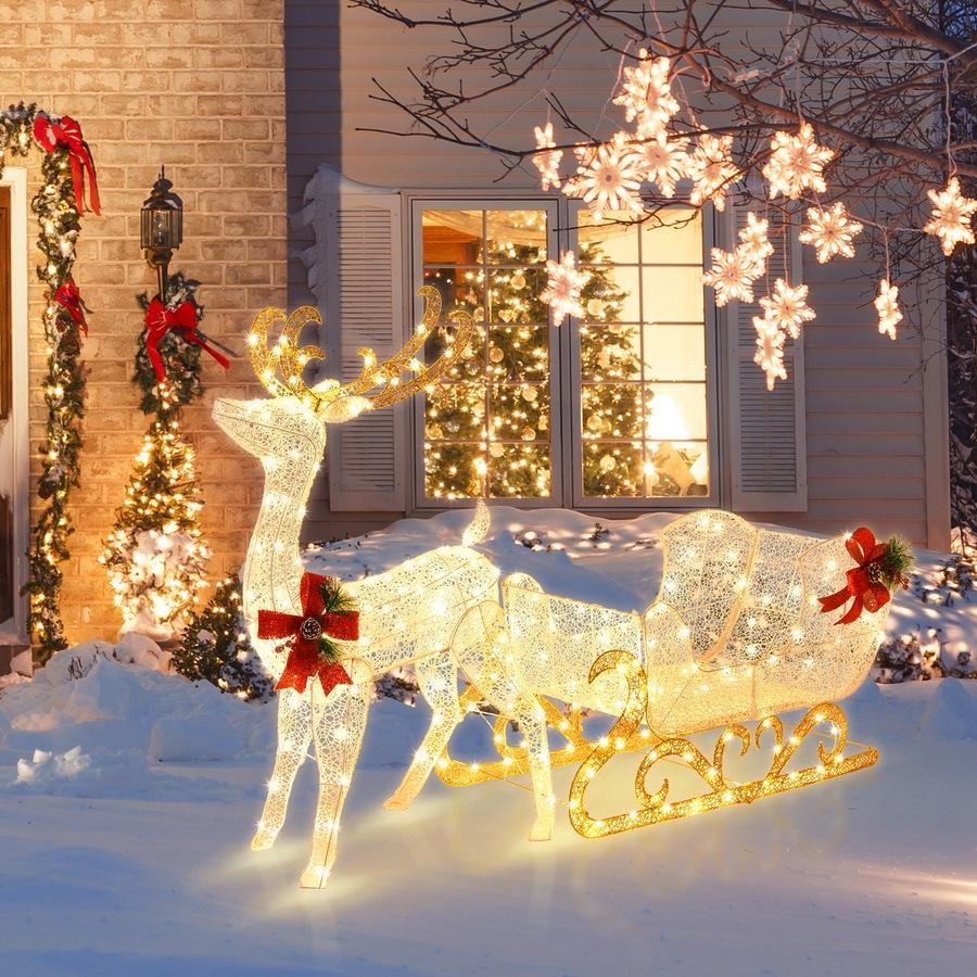 Pre-lit Christmas Decoration | Reindeer Sleigh | 215 LED Lights | Xmas Garden Party | Home Decor Gift | Anti-rusty steel and waterproof tinsel