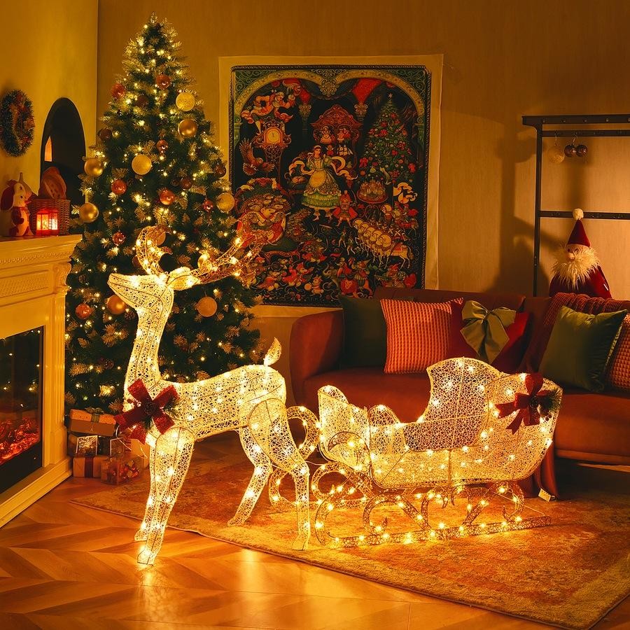 Pre-lit Christmas Decoration | Reindeer Sleigh | 215 LED Lights | Xmas Garden Party | Home Decor Gift | Anti-rusty steel and waterproof tinsel
