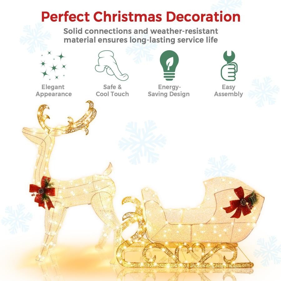 Pre-lit Christmas Decoration | Reindeer Sleigh | 215 LED Lights | Xmas Garden Party | Home Decor Gift | Anti-rusty steel and waterproof tinsel