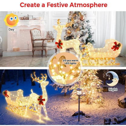 Pre-lit Christmas Decoration | Reindeer Sleigh | 215 LED Lights | Xmas Garden Party | Home Decor Gift | Anti-rusty steel and waterproof tinsel