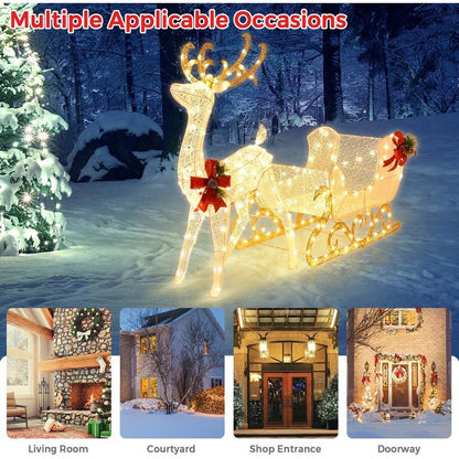 Pre-lit Christmas Decoration | Reindeer Sleigh | 215 LED Lights | Xmas Garden Party | Home Decor Gift | Anti-rusty steel and waterproof tinsel