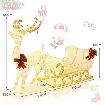 Pre-lit Christmas Decoration | Reindeer Sleigh | 215 LED Lights | Xmas Garden Party | Home Decor Gift | Anti-rusty steel and waterproof tinsel