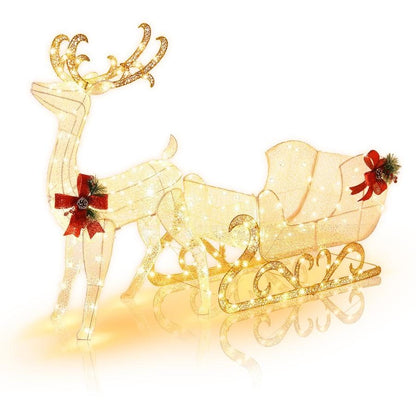 Pre-lit Christmas Decoration | Reindeer Sleigh | 215 LED Lights | Xmas Garden Party | Home Decor Gift | Anti-rusty steel and waterproof tinsel