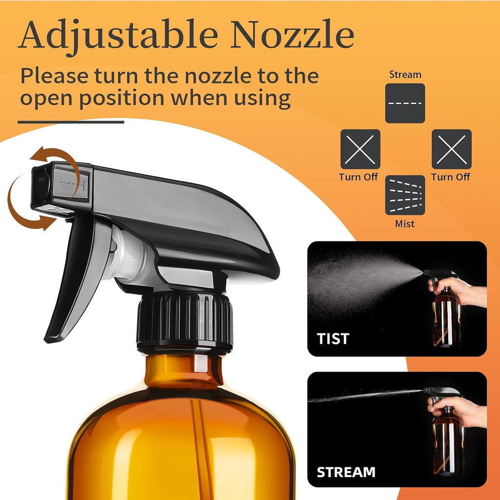 2x Glass Spray Bottles 500ml Cleaning Solution Plant Sprayer, Leak-Proof Trigger Sprayer, BPA-Free 3 Settings
