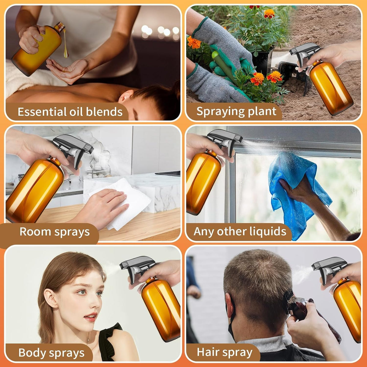 2x Glass Spray Bottles 500ml Cleaning Solution Plant Sprayer, Leak-Proof Trigger Sprayer, BPA-Free 3 Settings