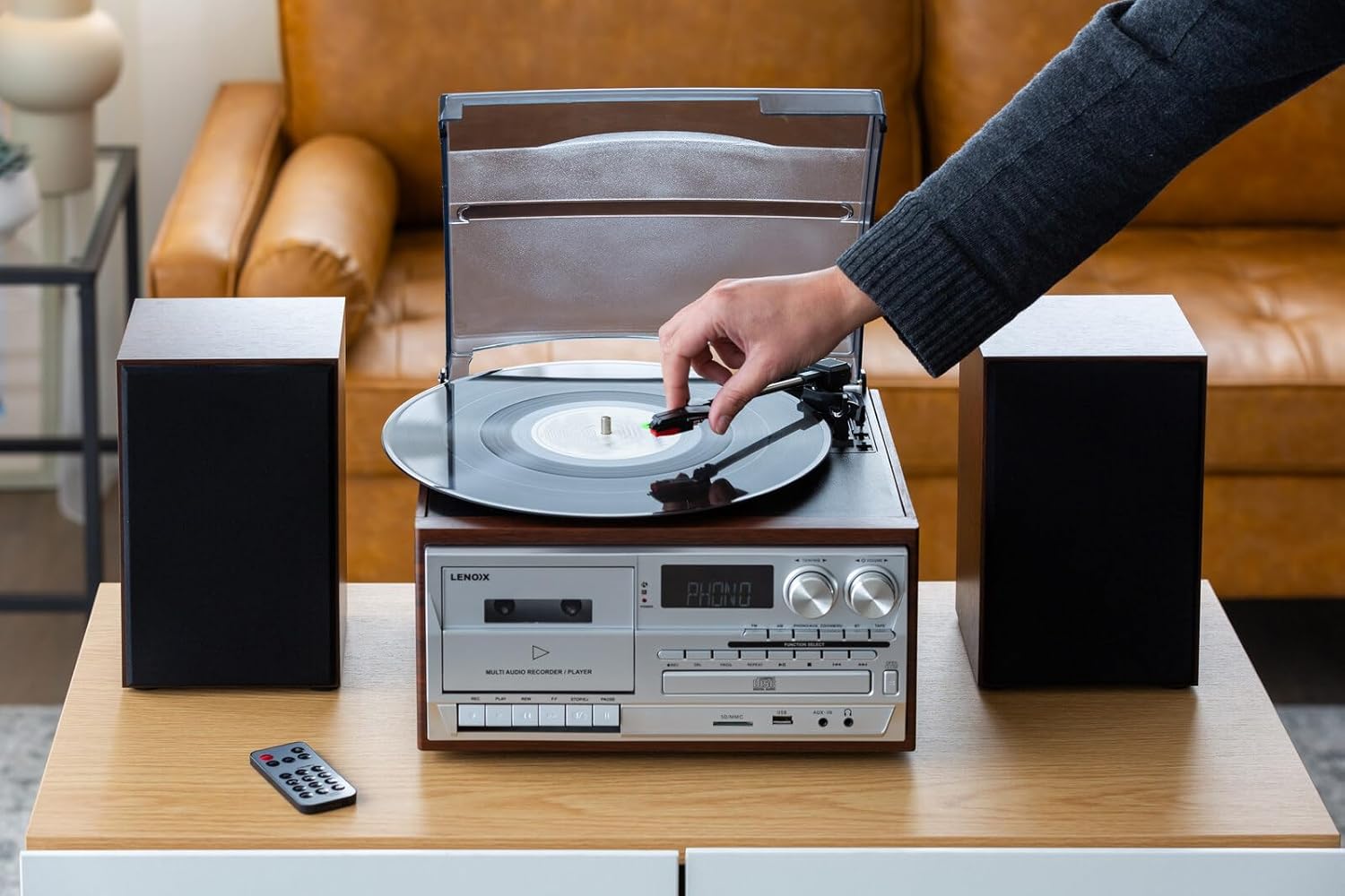 30W Bluetooth Stereo System Turntable Vinyl Record Player / CD Player / AM/FM Radio Home Entertainment Music System with Wireless Technology (Brown)