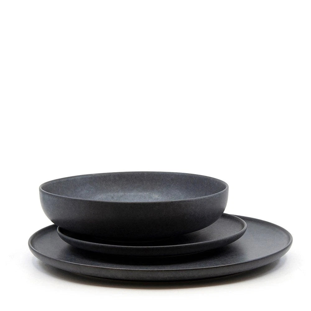 12pc Salt & Pepper Dinner Set | 4 Person Stoneware Dining Plates Bowls | Modern Stone Dinnerware Set