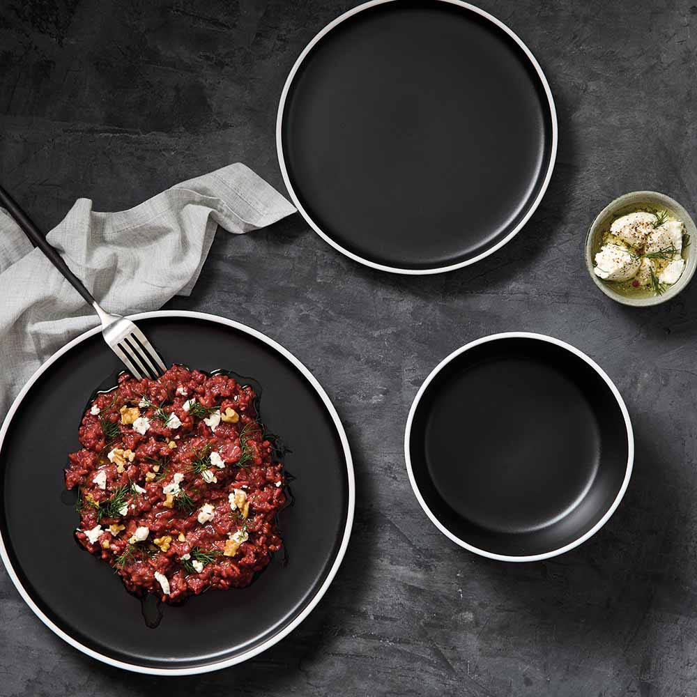 12 Piece Stoneware Dinner Set Stone Dining Meal Set Black Dinnerware Dinner Side Plates Soup Bowls