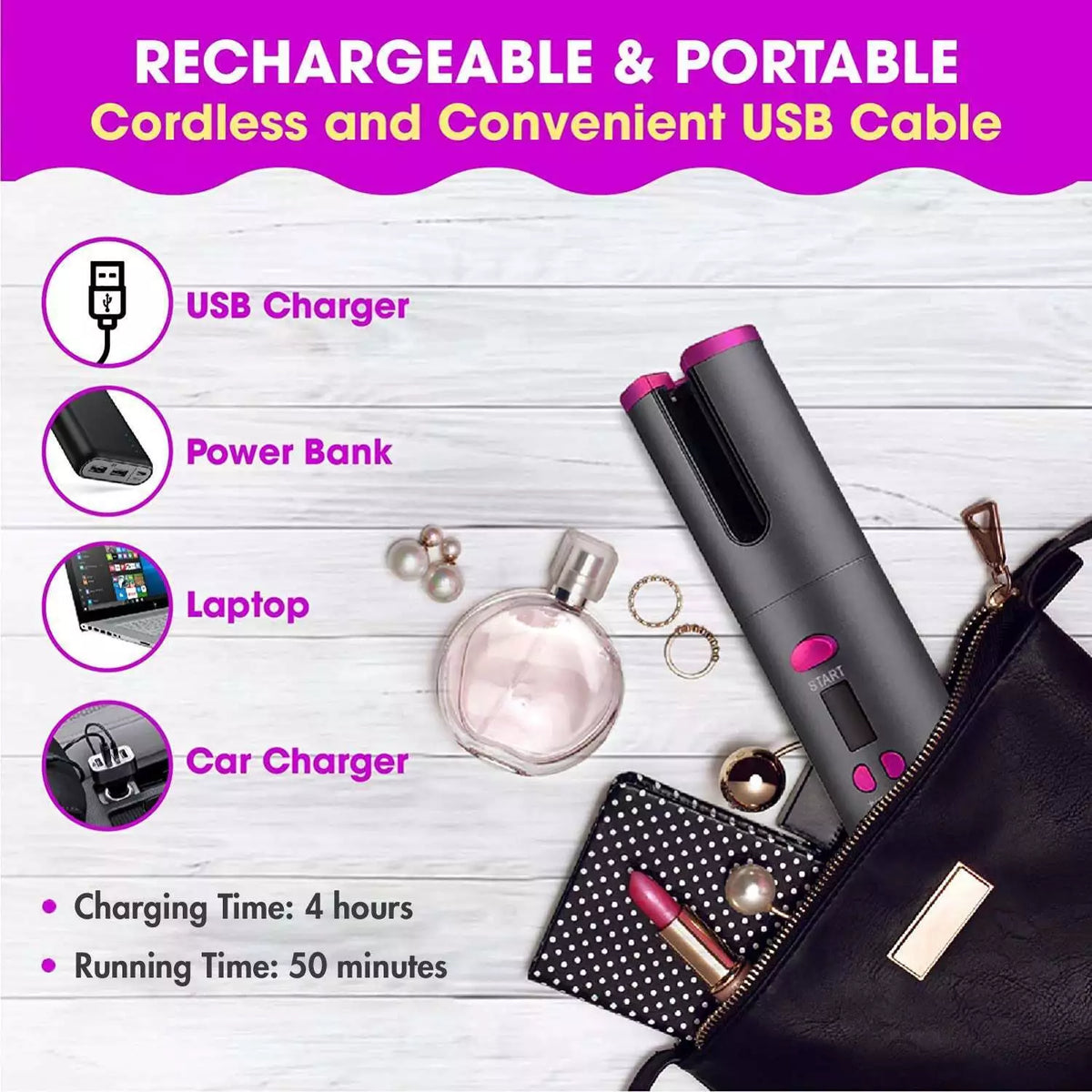 Auto Hair Curler Women's Cordless Curler | Portable Curling Iron Barrel LCD Display | Work Camping