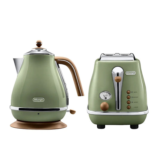 DeLonghi Vintage Breakfast Set | 1.7L Kettle Hot Water Jug Heater | 2 Slice Bread Toaster Toasting Machine
