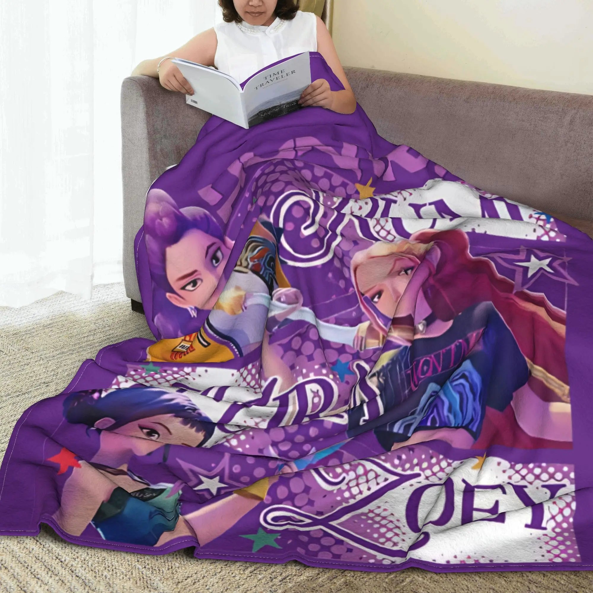 HUNTRIX KPOP Demon Hunters Anime Blanket | Teen Child Printed Rumi Zoey Mira Themed Purple Blankie | Flannel Throw Blanket