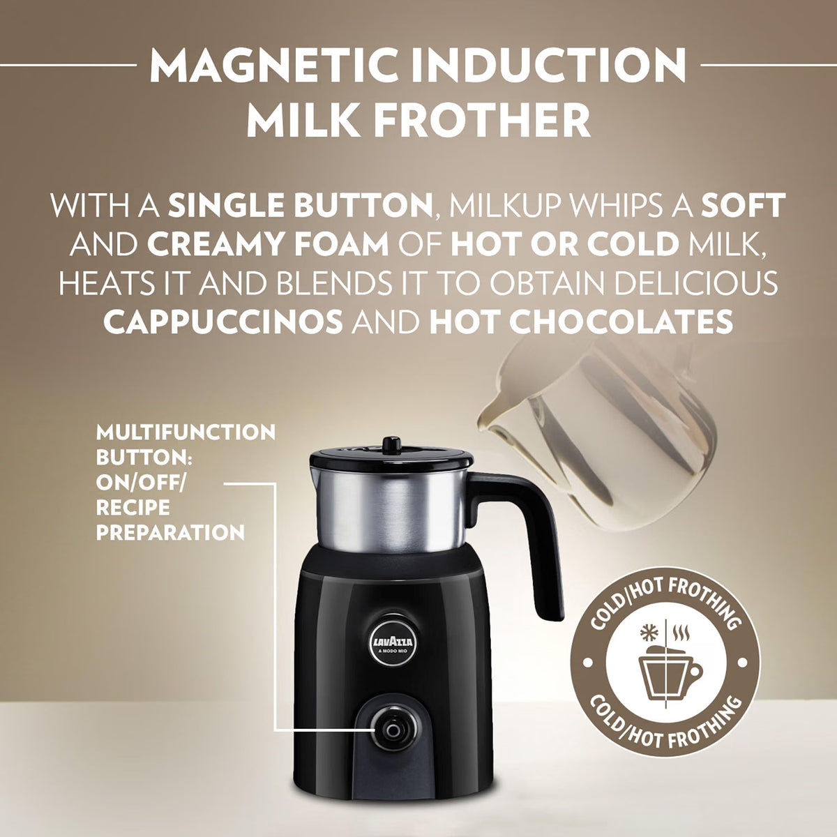 Lavazza Electric Milk Frother Stainless Steel Creamy Hot or Cold Foamer - Accessory for Coffee Machine