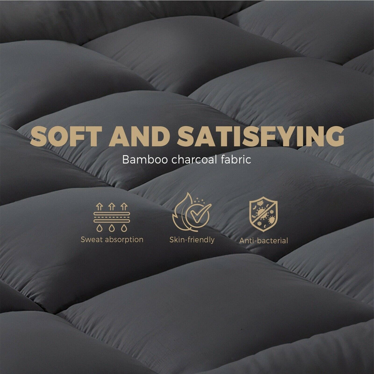 Quilted QUEEN Sized Charcoal Mattress Protector Bamboo Pillowtop Topper Bed Cover 1000GSM Machine Washable