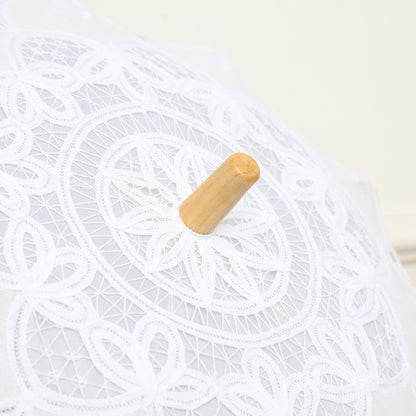 Elegant White Wedding Parasol | Princess Lace Umbrella Bridal Decoration | Wooden Handle