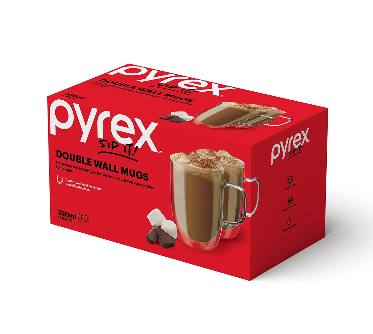 2x Pyrex Double Wall Drinking Glass Mug with Handle, Drinkware for Hot Cold Beverages Tea Coffee Cocktail Mocktail