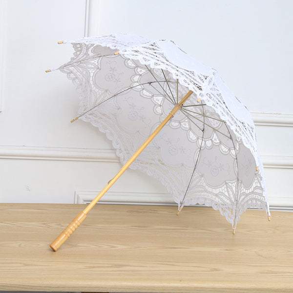 Elegant White Wedding Parasol | Princess Lace Umbrella Bridal Decoration | Wooden Handle