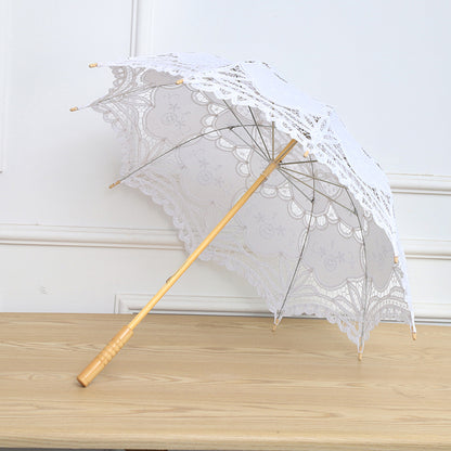 Elegant White Wedding Parasol | Princess Lace Umbrella Bridal Decoration | Wooden Handle