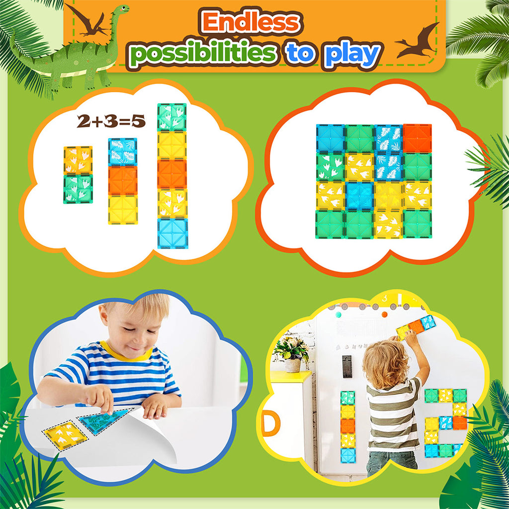 100 Pieces Magnetic Tiles Starter Kit Kids Dinosaur Playing Building Blocks Preschool STEM Learning