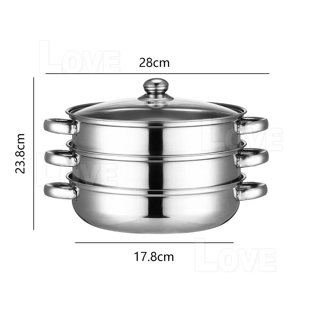 Stainless Steel Steaming Pot 3 Tier - Dumpling Vegetable Fish Meat Steamer - Lightweight Family Cooker, Stovetop
