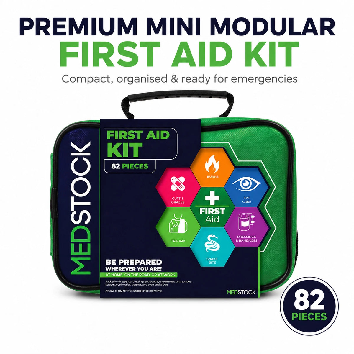 82 Piece First Aid Kit, Portable Firstaid Family Home Camping Set - Cuts & Graze, Burns, Eye Care, Snake Bite & more