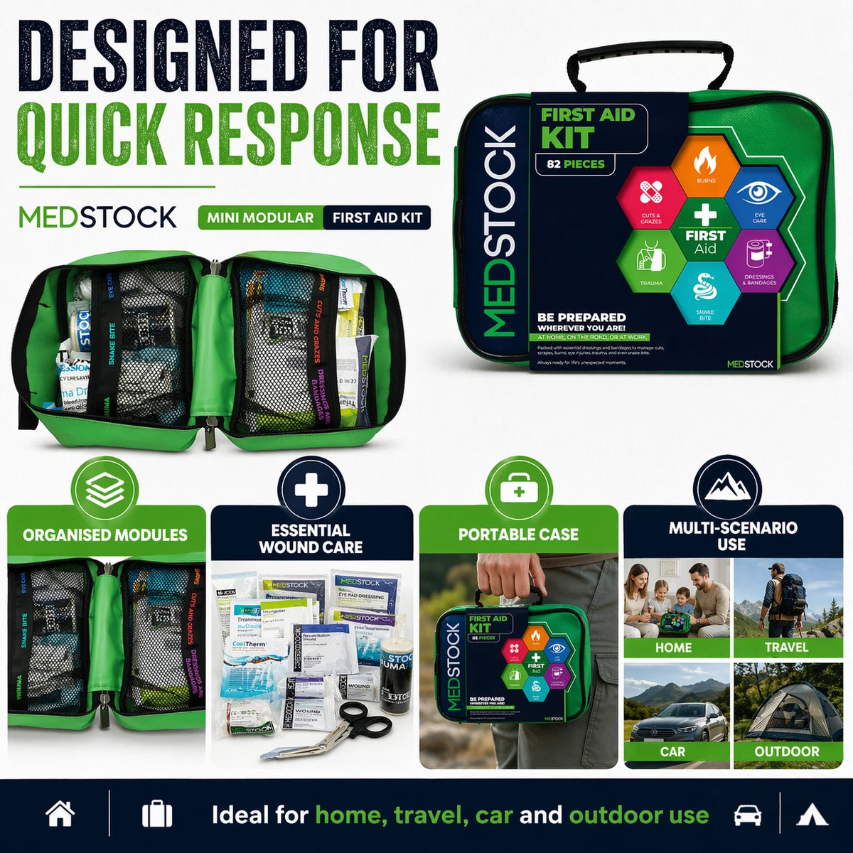 82 Piece First Aid Kit, Portable Firstaid Family Home Camping Set - Cuts & Graze, Burns, Eye Care, Snake Bite & more