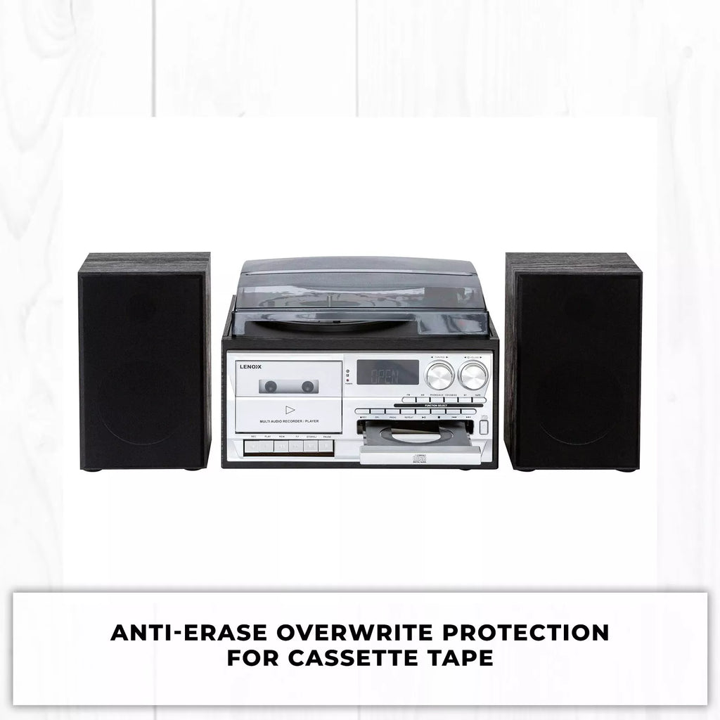 Lenoxx Bluetooth Stereo System | 3 Speed Turntable Vinyl Record Player | Cassette & CD Player CD USB 30W RMS