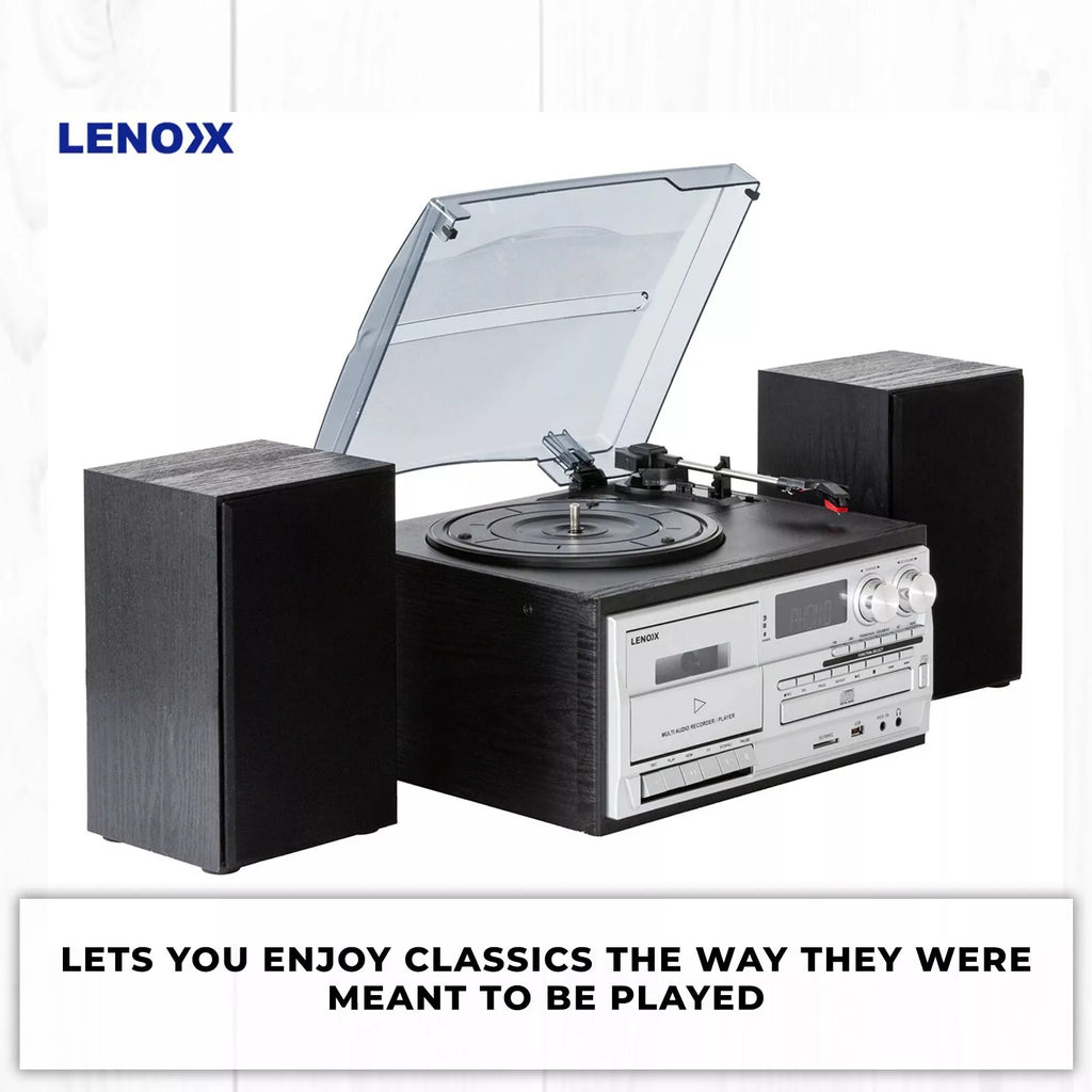Lenoxx Bluetooth Stereo System | 3 Speed Turntable Vinyl Record Player | Cassette & CD Player CD USB 30W RMS