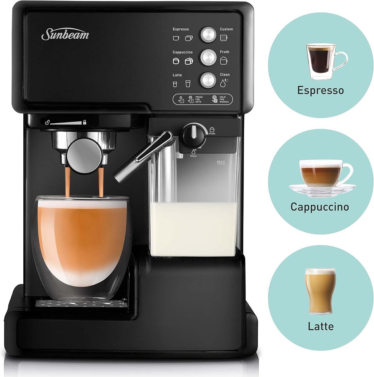 Sunbeam Espresso Machine, Semi-Auto Coffee Machine with Milk Frother, Espresso, Latte Cappuccino Coffee Maker
