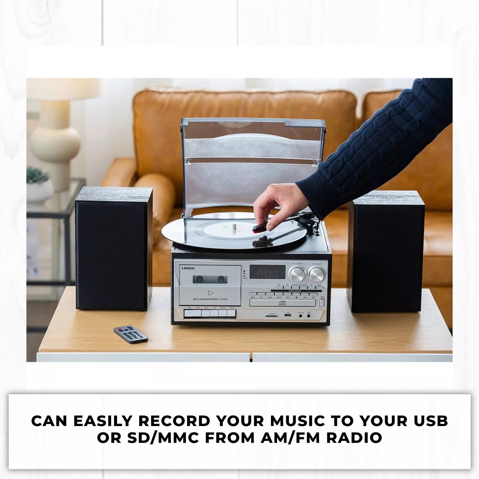 Lenoxx Bluetooth Stereo System | 3 Speed Turntable Vinyl Record Player | Cassette & CD Player CD USB 30W RMS