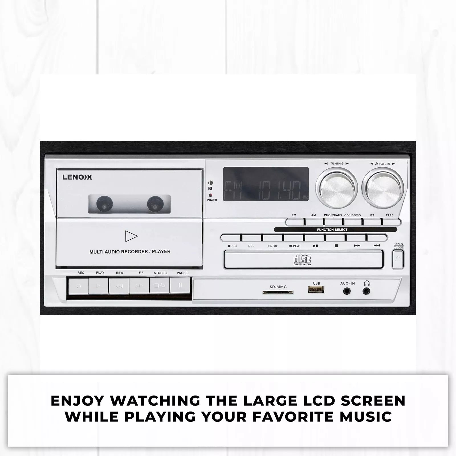 Lenoxx Bluetooth Stereo System | 3 Speed Turntable Vinyl Record Player | Cassette & CD Player CD USB 30W RMS