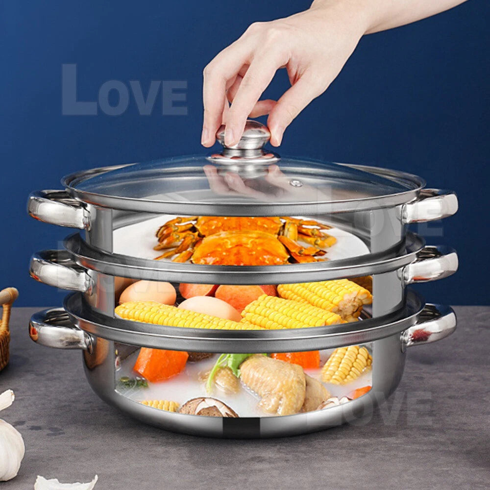 Stainless Steel Steaming Pot 3 Tier - Dumpling Vegetable Fish Meat Steamer - Lightweight Family Cooker, Stovetop