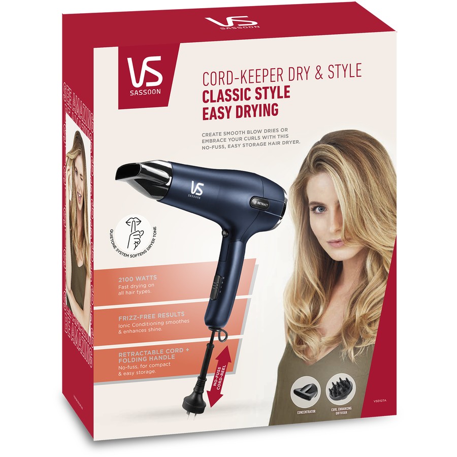 VS Sassoon Hair Dryer 2100W Electric Folding Blow Dryer Folding Retractable Cord Hair Styler