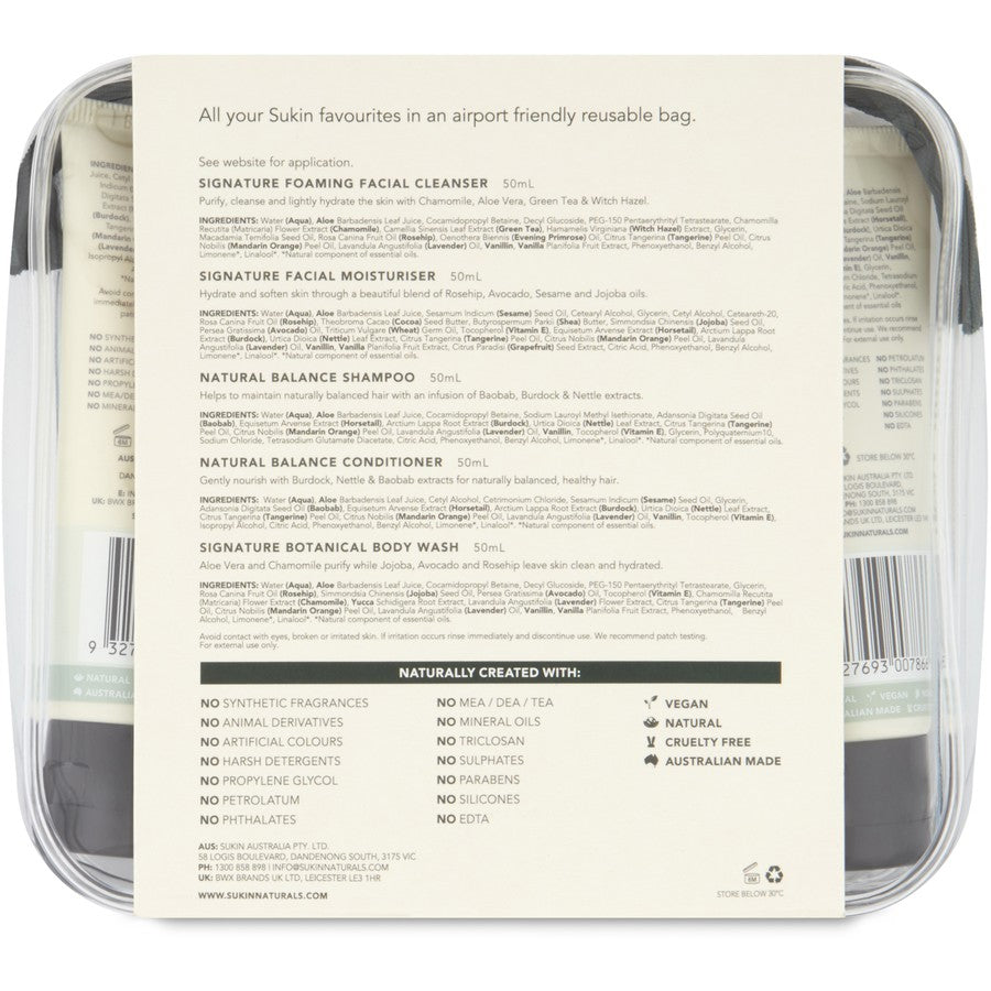 Sukin Portable Facial Skin Care Travel Pack 150ml | Facial Cleanser, Moisturiser, Shampoo Conditioner, Body Wash