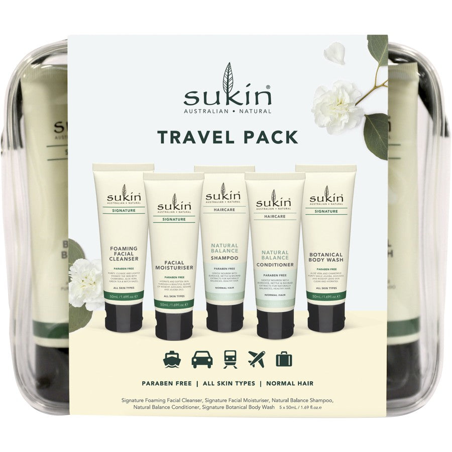 Sukin Portable Facial Skin Care Travel Pack 150ml | Facial Cleanser, Moisturiser, Shampoo Conditioner, Body Wash