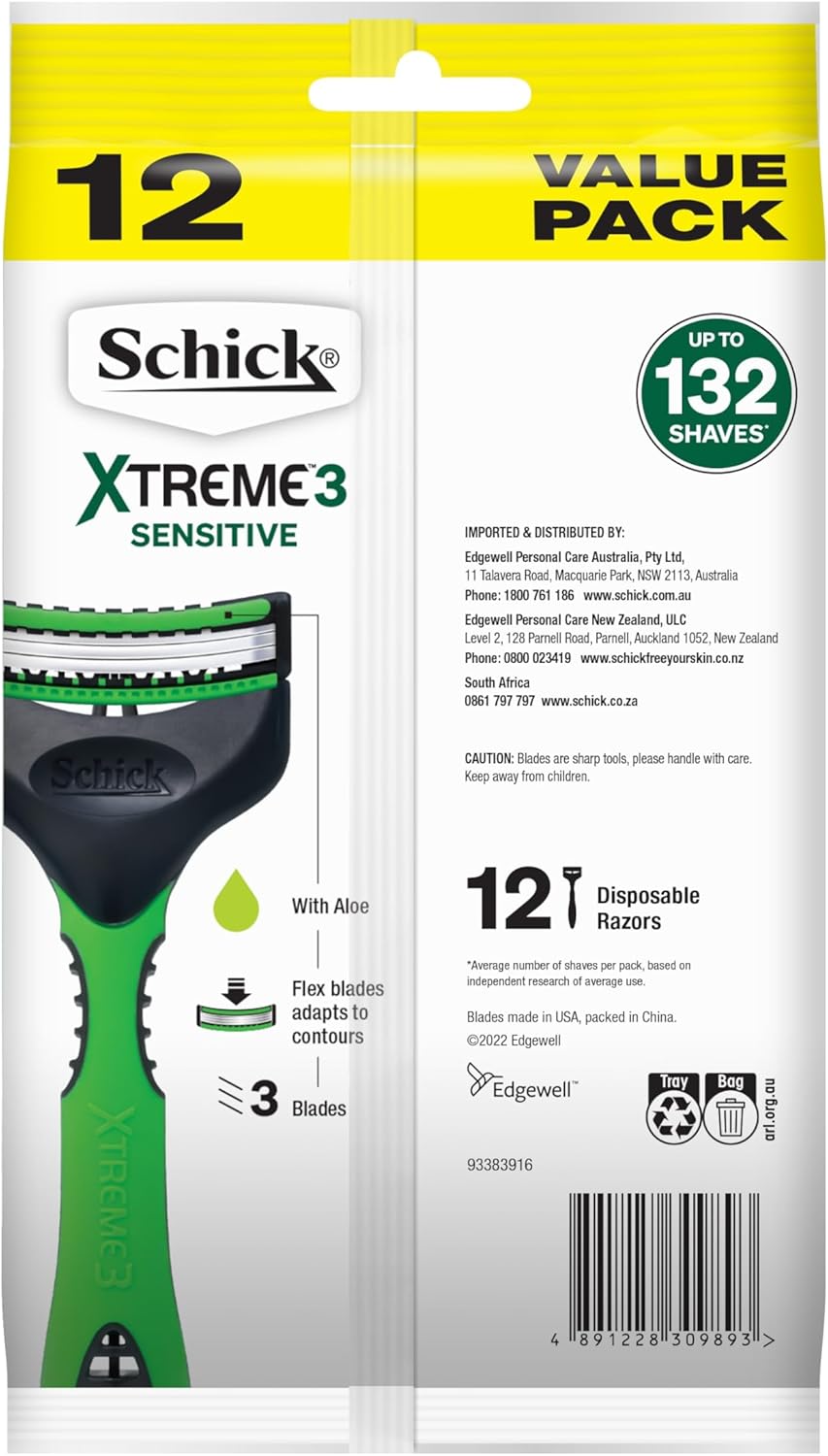 12 Pack Schick Razors Men's Shavers Sensitive Xtreme3 Close Shave Shaving - Flexible Blades Aloe Infusion