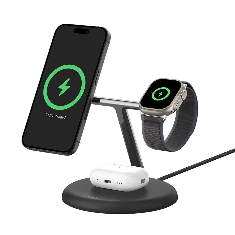 Belkin BoostCharge Pro | 3-in-1 Qi2 Wireless Charging Stand | MagSafe | Black