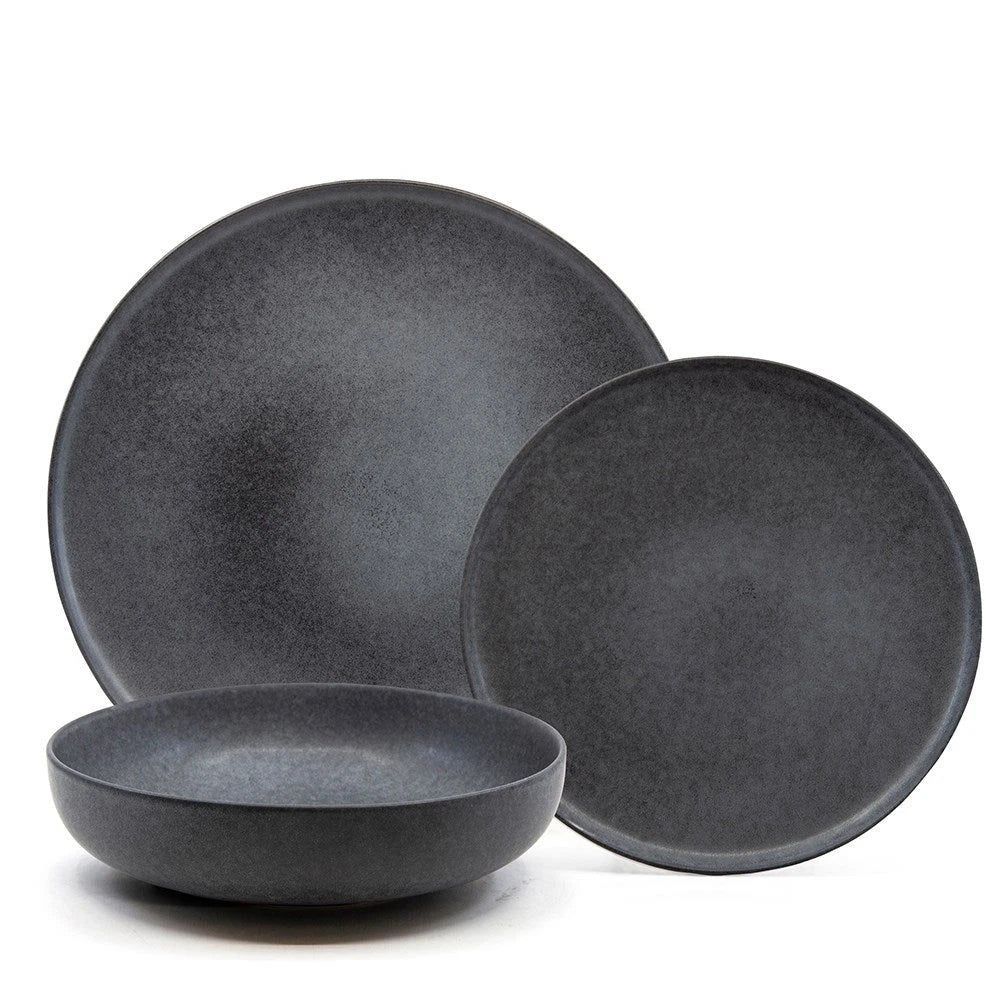 12pc Salt & Pepper Dinner Set | 4 Person Stoneware Dining Plates Bowls | Modern Stone Dinnerware Set