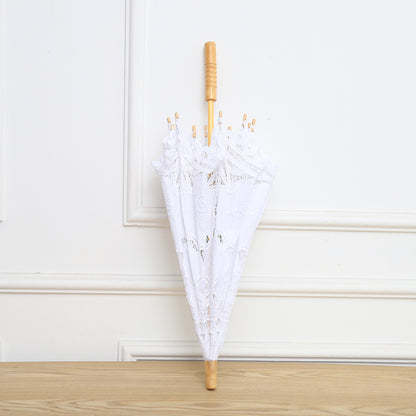 Elegant White Wedding Parasol | Princess Lace Umbrella Bridal Decoration | Wooden Handle