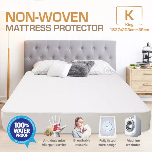 KING Size Fitted Waterproof Mattress Protector | King Bed Matress Non-Woven Spill Stain Protection | Fitted Skirt | Fully Waterproof