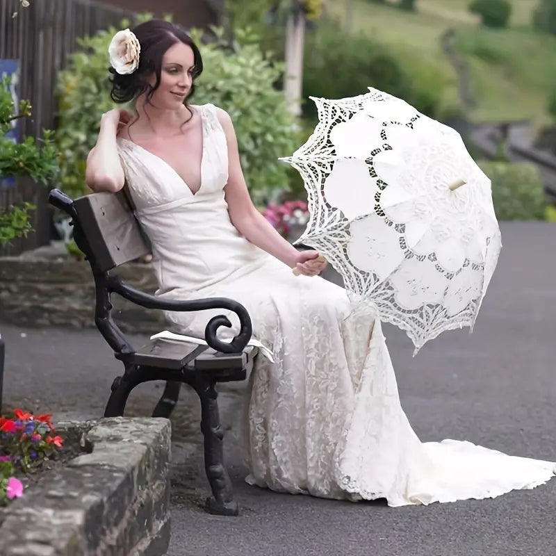 Elegant White Wedding Parasol | Princess Lace Umbrella Bridal Decoration | Wooden Handle