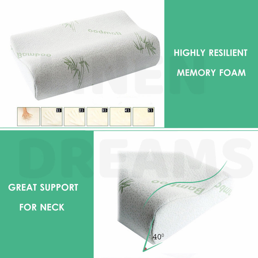 2x Memory Foam Head Neck Bed Support Premium 50x30cm Bamboo Cover - Machine Washable