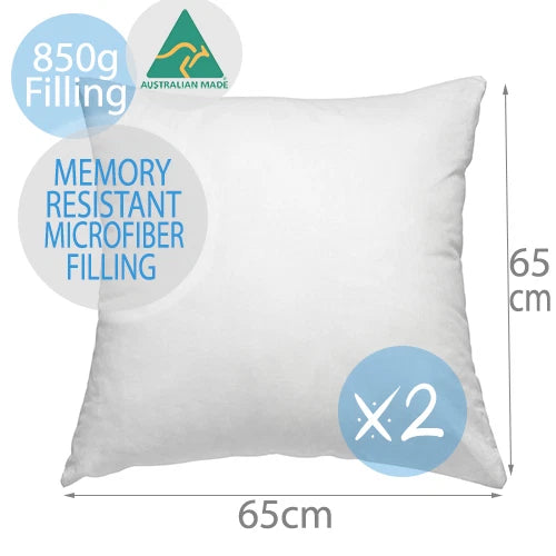 2x European Cushion Inserts Australian Made | Memory Resistant 65x65cm Bedroom Lounge Display