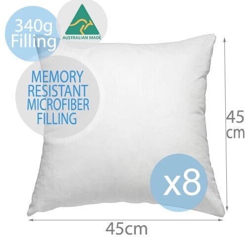 8x Microfibre Cushion Inserts 45x45cm - Square Bed Decorative Cushion Pillows Australian Made