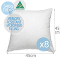 8x Microfibre Cushion Inserts 45x45cm - Square Bed Decorative Cushion Pillows Australian Made