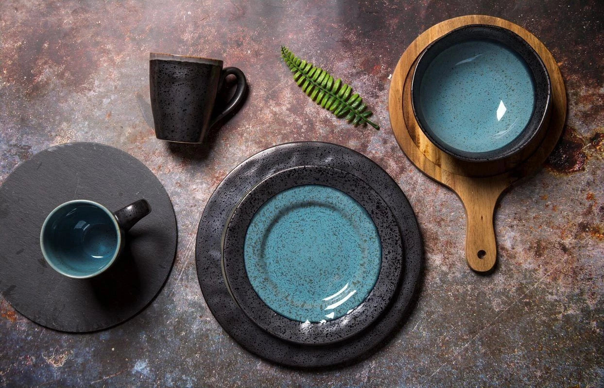 4 Person Stoneware Dining Set | 12-Piece Dinner Set Meal Dinnerware | 4x Dinner Set, 4x Side Plate, 4x Bowls | Handcrafted