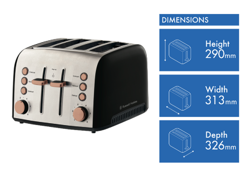 Russell Hobbs 4 Slice Toaster | Kitchen Bread Toasting Browning Machine | Wide Slots Defrost