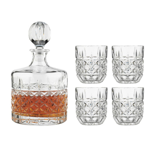 Ecology Glass Decanter Set 5pc | Vintage Whiskey Liquor Scotch Vodka Stopper Glass