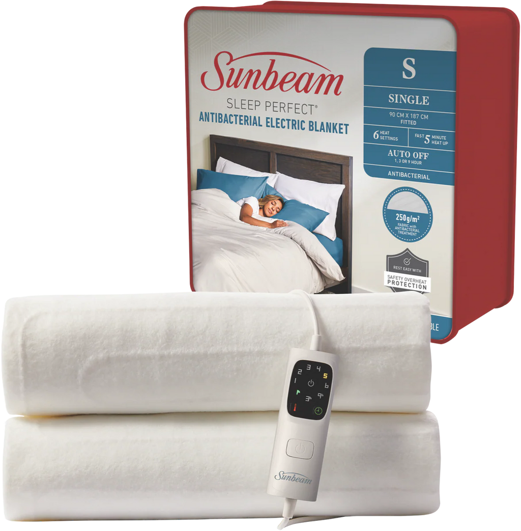 Sunbeam Electric Blanket Fitted Antibacterial 6 Heat Bedroom Topper Protector