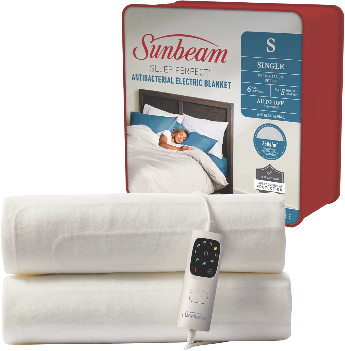 Sunbeam Fitted Electric Blanket Antibacterial 6 Heat Bedroom Topper Protector - Single
