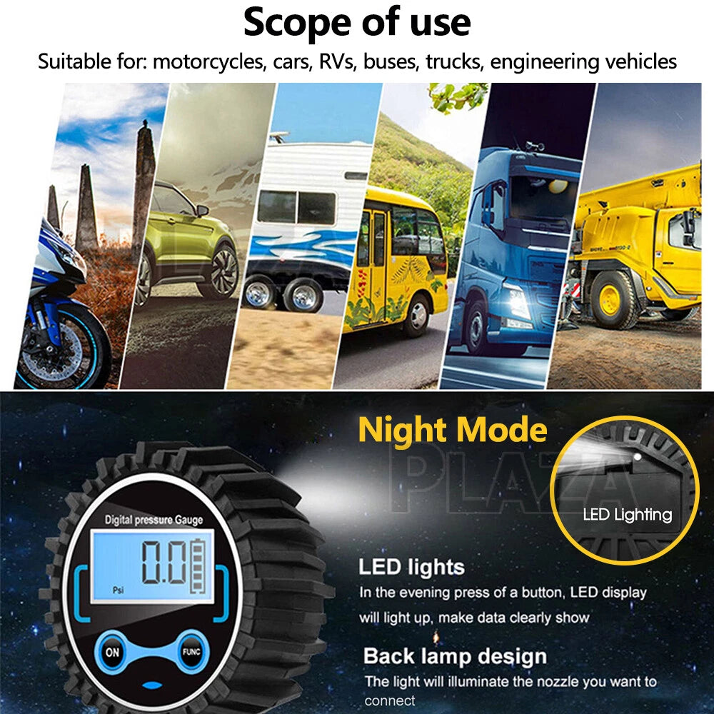 LCD Digital Tyre Pressure Gauge Checker for Car Truck Motorcycles and Bicycles PSI Hose